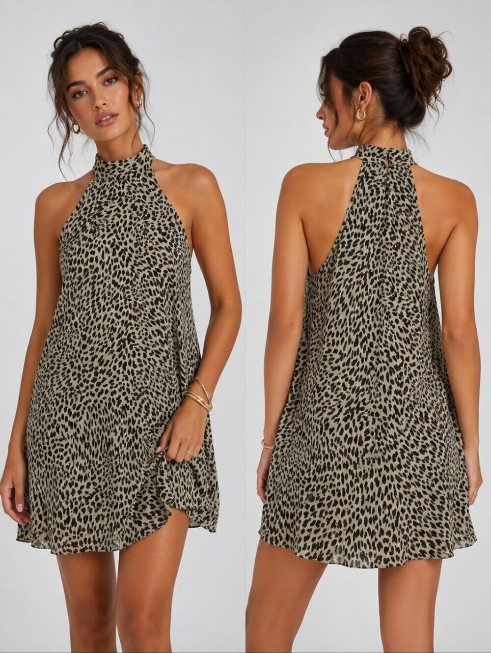 cloth & stone Gray and Cream Leopard Print Slip Dress